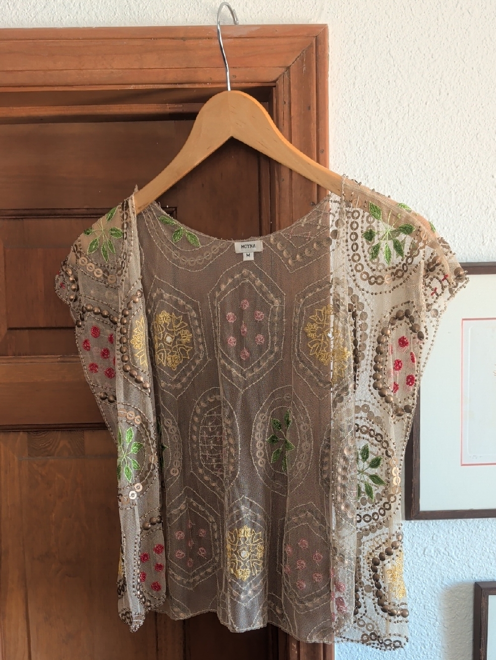 Moyna Beaded Embroidered Sheer Top with Multicolor Accents